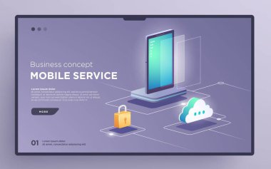 Kaydır, kahraman sayfası ya da dijital teknoloji afişi. Mobil servis işi konsepti. İzometrik illüstrasyon