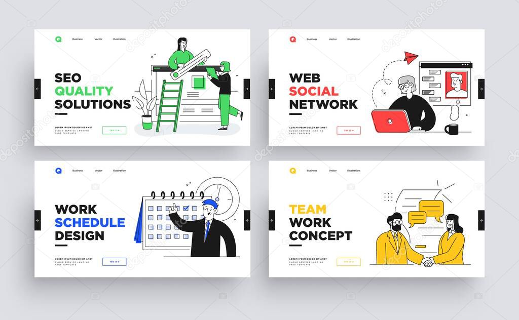 Set of Presentation slide templates or landing page websites design. Business concept illustrations. Modern flat outline style.