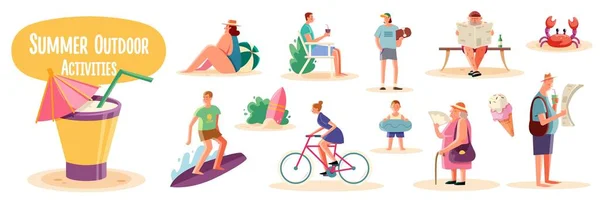 Толпа людей, занимающихся летним отдыхом на свежем воздухе - катание на велосипеде, скейтборде. Группа мужских и женских плоских персонажей мультфильма изолирована на белом фоне. Векторная иллюстрация . — стоковый вектор
