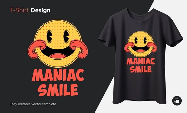 Maniac smile. Prints on T-shirts, sweatshirts, cases for mobile phones, souvenirs. Isolated vector illustration on black background. — Stock Vector