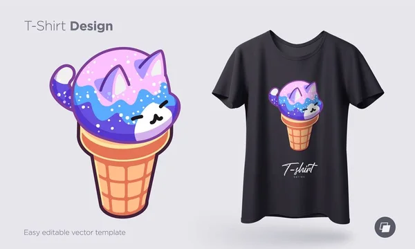 Kawaii ice cream cats. Ice Cream in form of round kittens in the waffle cone. Prints on T-shirts, sweatshirts, cases for mobile phones, souvenirs. Isolated vector illustration — Stok Vektör