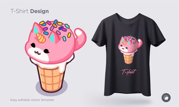 Gatos de gelado Kawaii. Sorvete em forma de gatinhos redondos no cone de waffle. Impressões em t-shirts, camisolas, estojos para telemóveis, lembranças. Ilustração vetorial isolada — Vetor de Stock