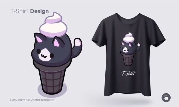 Кошки-мороженое Кавайи. Мороженое в виде круглых котят в вафельном конусе. Отпечатки на футболках, толстовках, футболках для мобильных телефонов, сувенирах. Изолированная векторная иллюстрация — стоковый вектор
