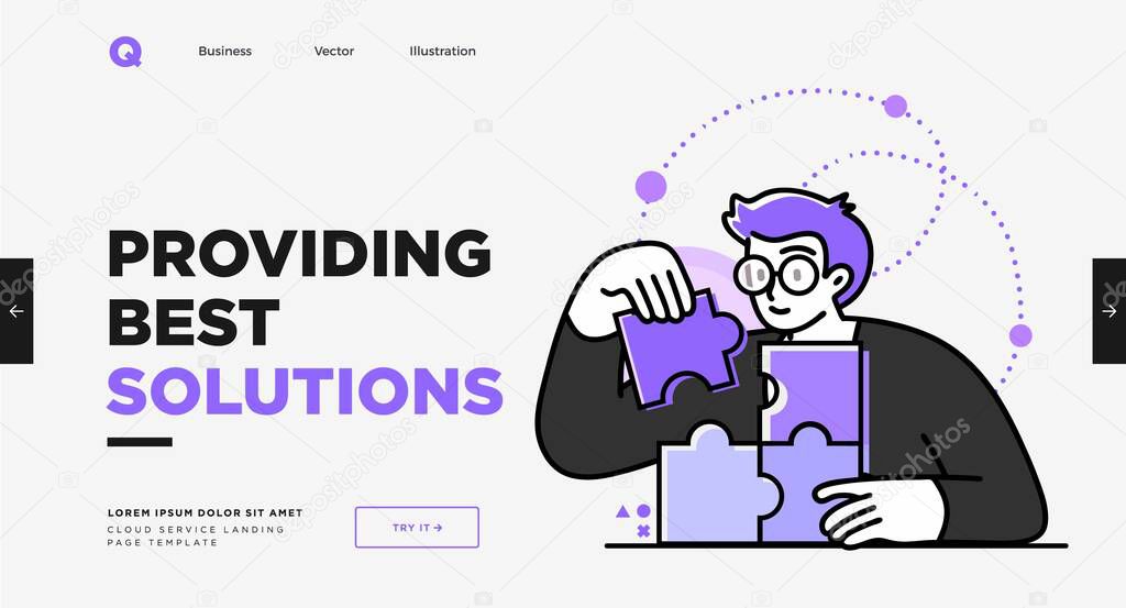 Presentation slide template or landing page website design. Business concept illustrations. Modern flat outline style. Research innovations and solutions