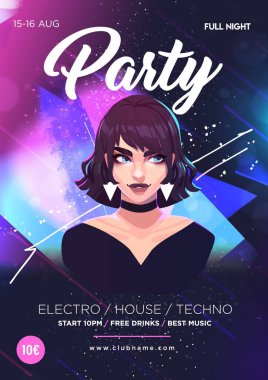 Beautiful girl on the background of abstract color spots. Dance Club Night Party Poster Flyer Layout Template. Colorful Music Disco Banner Design