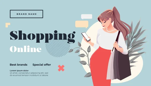 Online Vásárlás Kezdőlap Vagy Banner Sablon Lány Bevásárlással Csomagokkal Lapos — Stock Vector