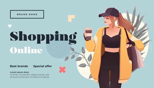 Online Shopping Landing Page Banner Template Girl Shopping Packages Flat — 스톡 벡터