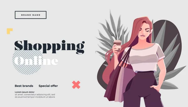 Online Alışveriş Iniş Sayfası Pankart Şablonu Alışveriş Yapan Kız Paketler — Stok Vektör