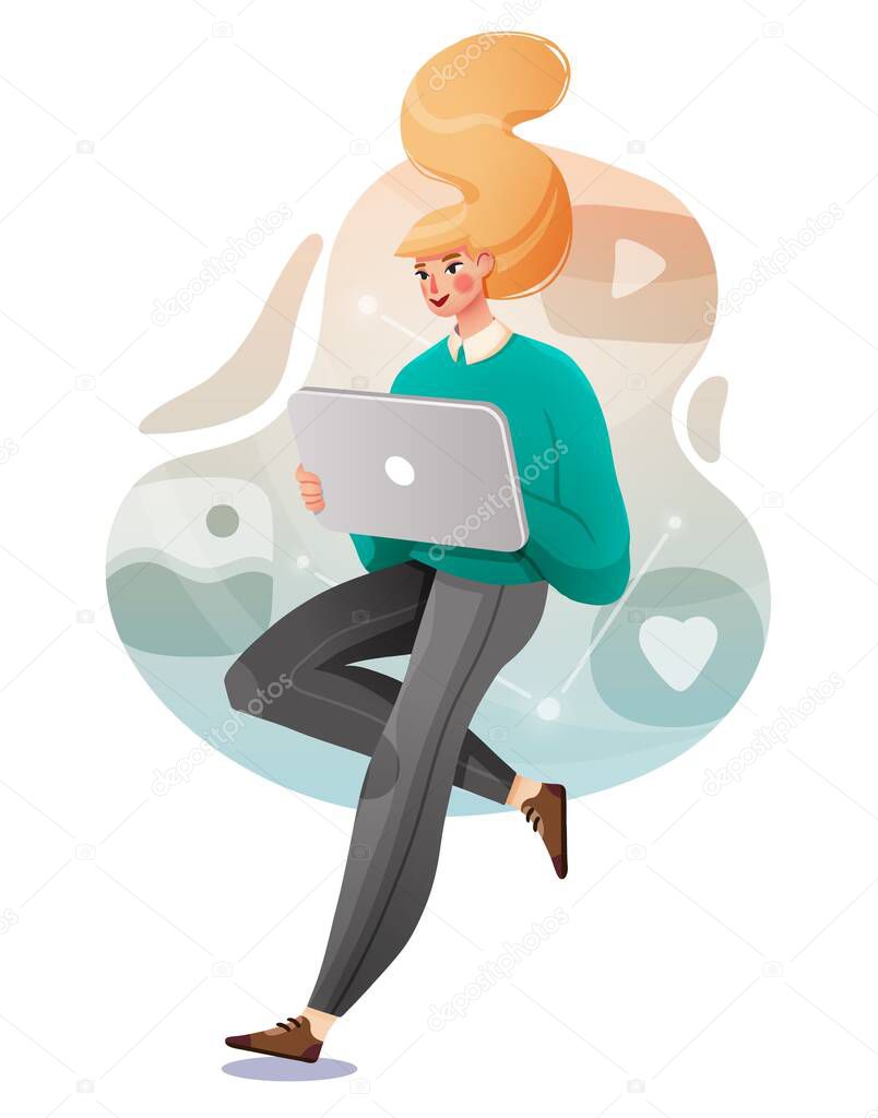 Young female with a tablet communicates in social networks. Vector illustration
