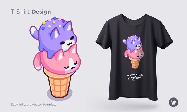 Gatos Gelado Kawaii Sorvete Forma Gatinhos Redondos Cone Waffle Impressões — Vetor de Stock