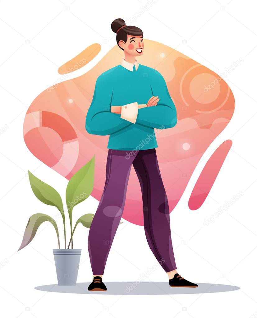 Business illustration of a confident successful business man standing with folded arms. Leadership Concept. Vector Illustrator