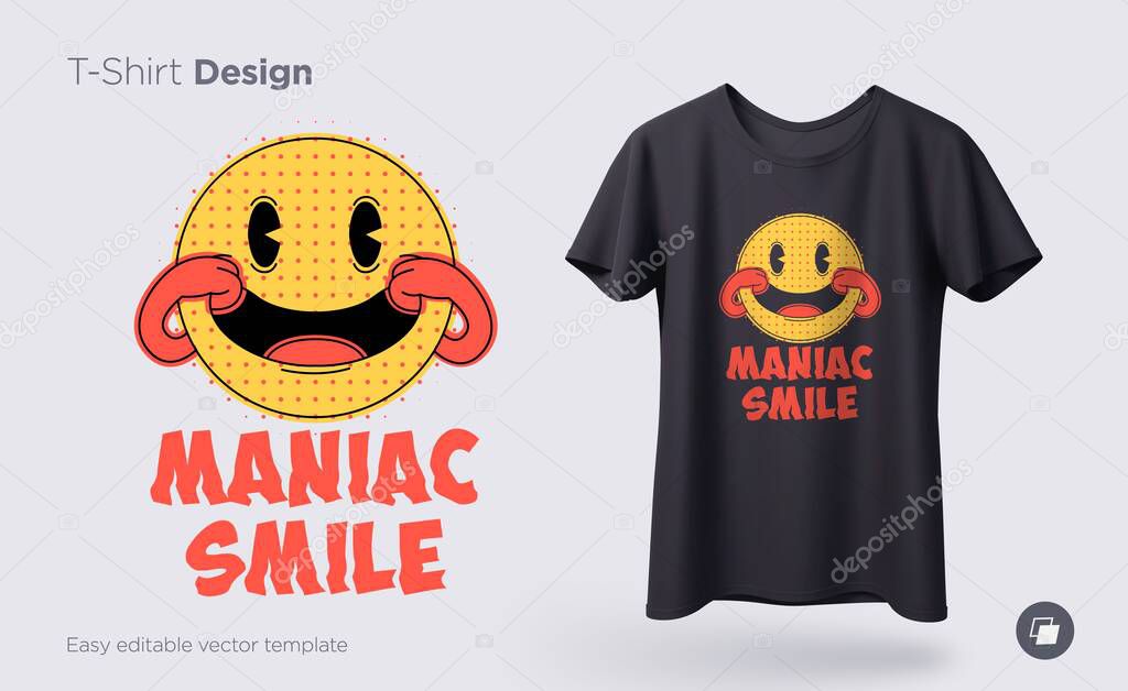 Maniac smile. Prints on T-shirts, sweatshirts, cases for mobile phones, souvenirs. Isolated vector illustration on white background.