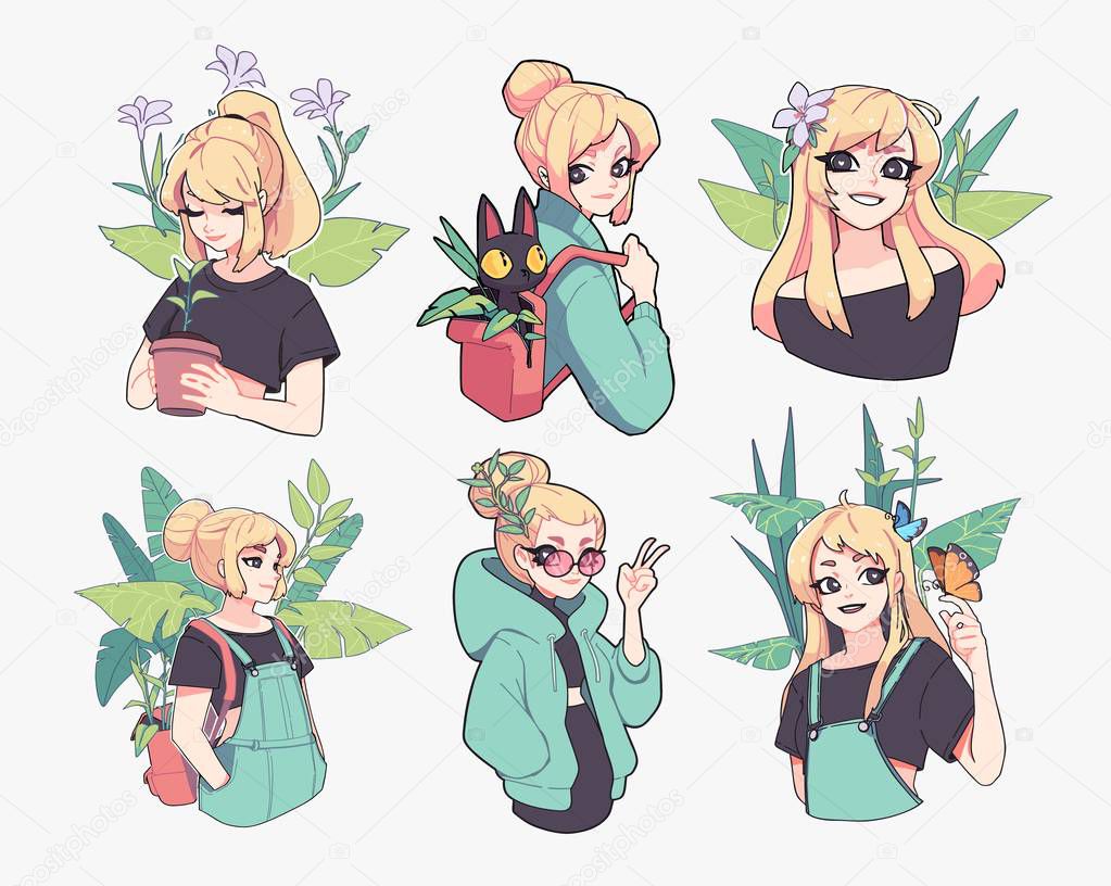 Collection of illustrations of yong girl related to gardening, flowers and summer. Vector illustration