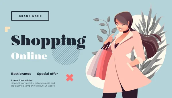 Online Vásárlás Kezdőlap Vagy Banner Sablon Lány Bevásárlással Csomagokkal Lapos — Stock Vector