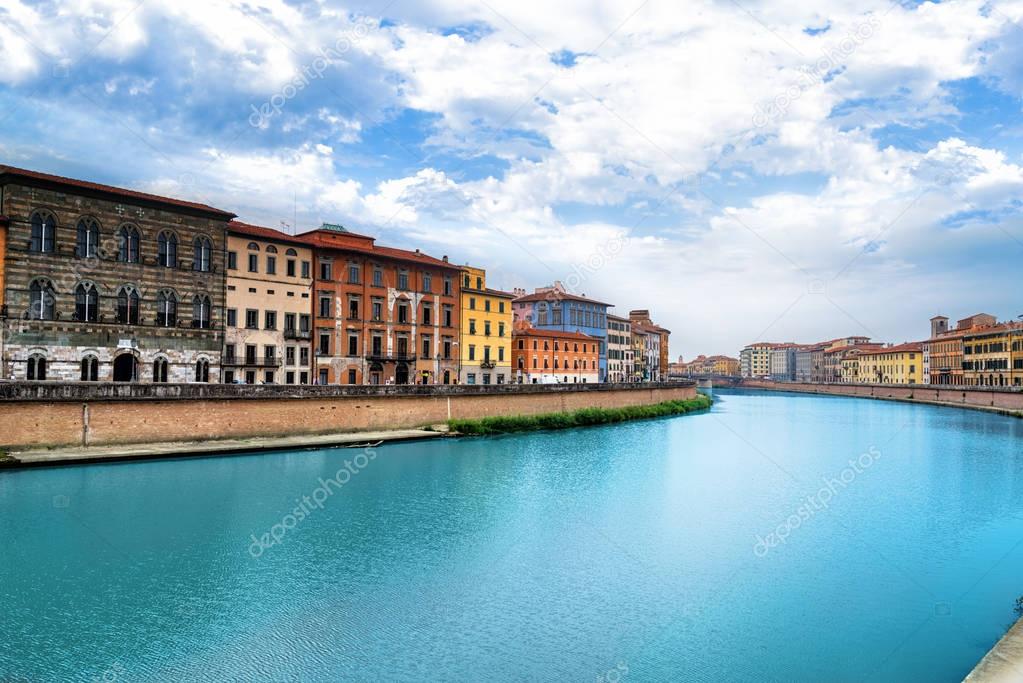 Pisa, Arno river, Lungarno view. Long Exposure. Tuscany, Italy, Europe.