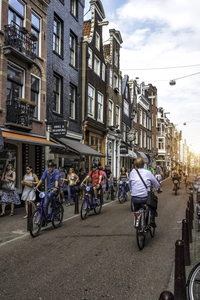 amsterdam Trafikte bisiklet akşam. Hollanda Eylül 2017
