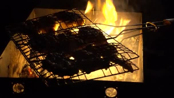 Barbacoa Nocturna Jugosos Trozos Carne Vapor Sobre Carbones — Vídeo de stock