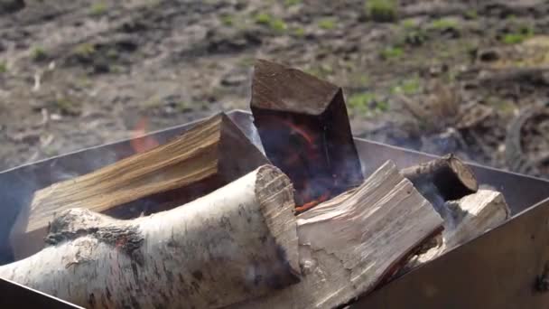 木造薪のスローモーション映像の火鉢の点火 — ストック動画