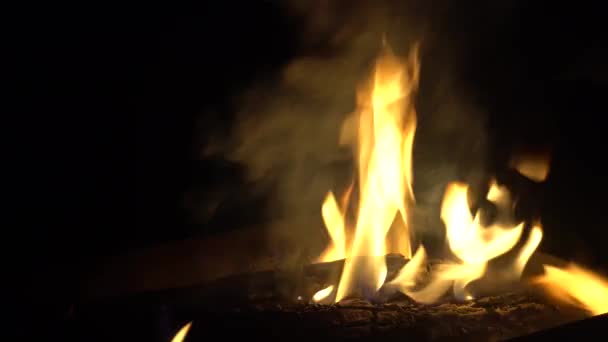 Hintergrund Eines Brennenden Feuers Mit Einer Gelben Flamme Der Dunkelheit — Stockvideo