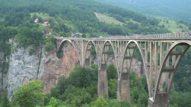 Montenegro setembro 2019. Ponte Tara Canyon Durdevica acima do rio Tara. stock de vídeo — Vídeo de Stock