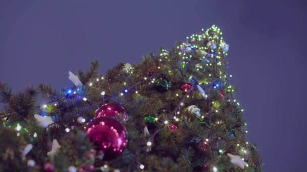 Gökyüzü arka planında süslenmiş Noel ağacı — Stok video