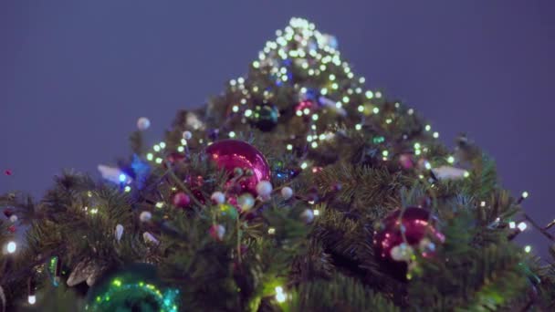 Gedecoreerde kerstboom aan de hemel achtergrond — Stockvideo