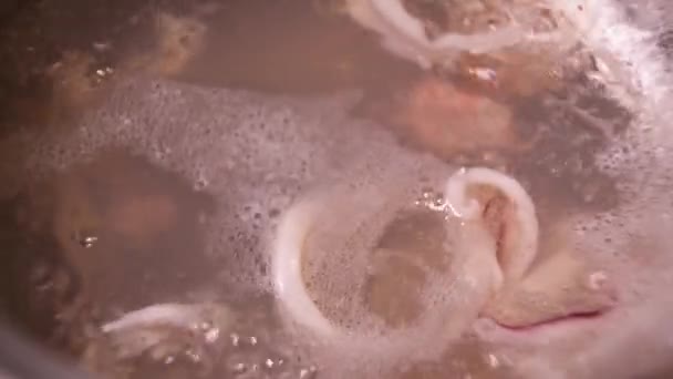 Close up de água fervente com lula cortada em anéis — Vídeo de Stock