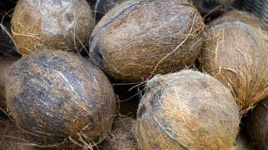 Piyasada taze hindistan cevizleri var. arkaplan