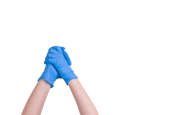 Las manos con guantes azules están juntas. símbolo de poder. pandemia de coronavirus — Foto de Stock