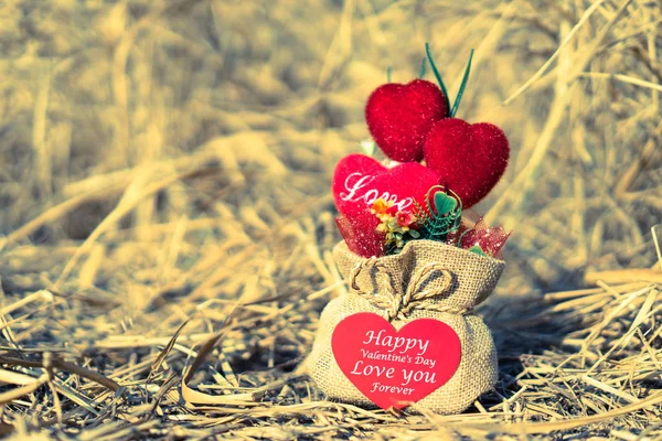 Regalos de San Valentín en forma de corazón en un saco, poner en hierba seca . — Foto de Stock