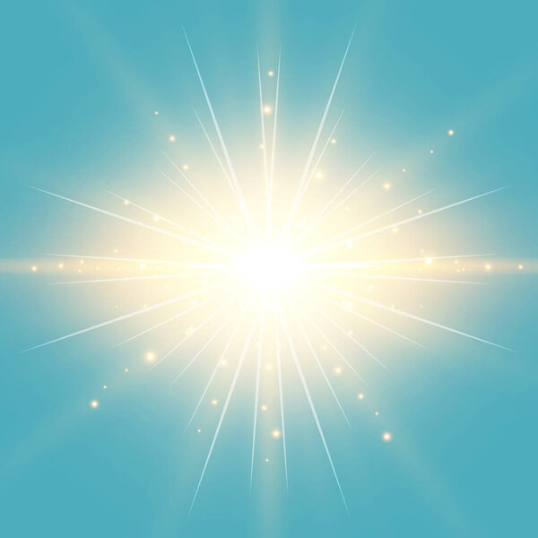 The sun in the blue sky vintage background with lighting effect 
