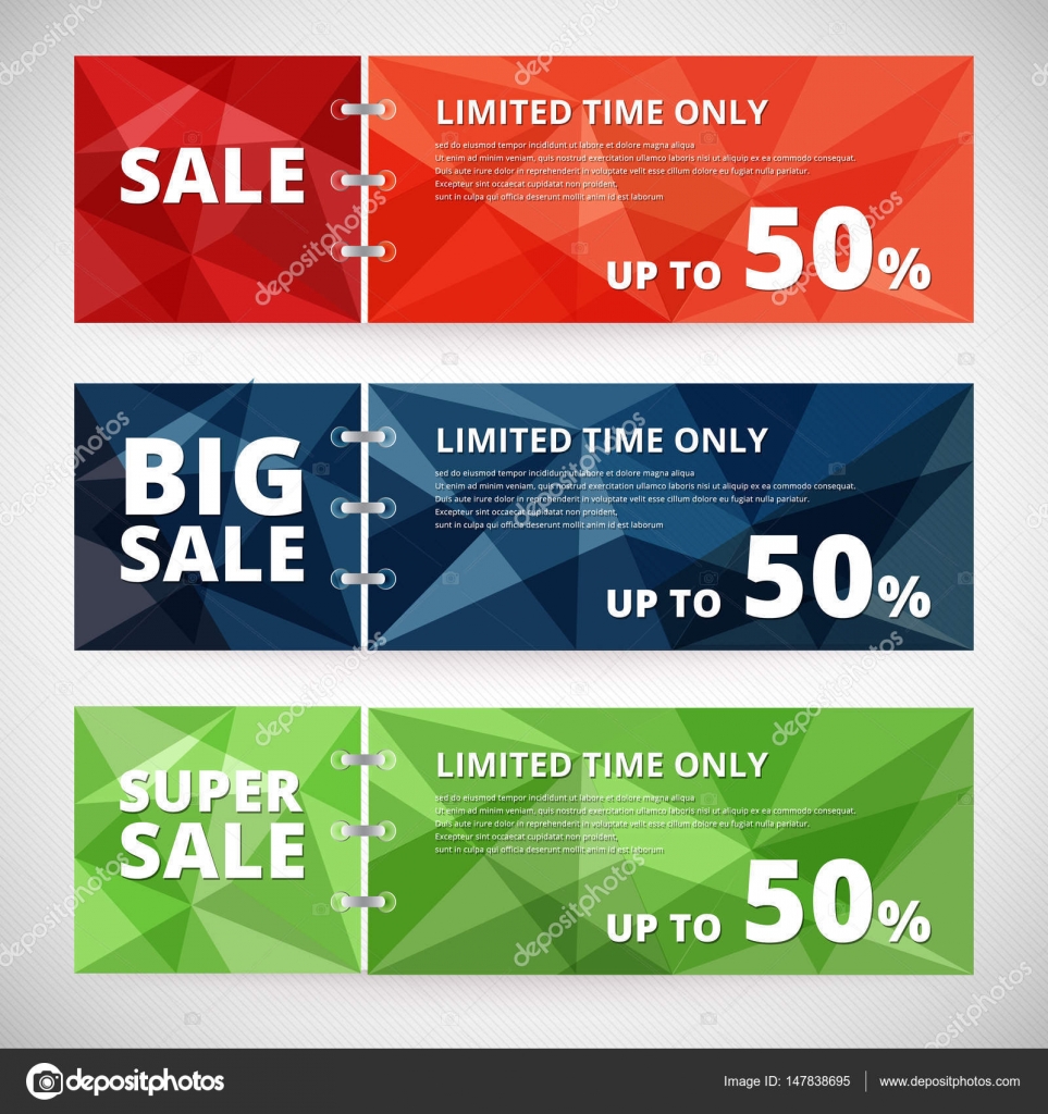 Vector sale discount banners set with polygonal abstract triangles