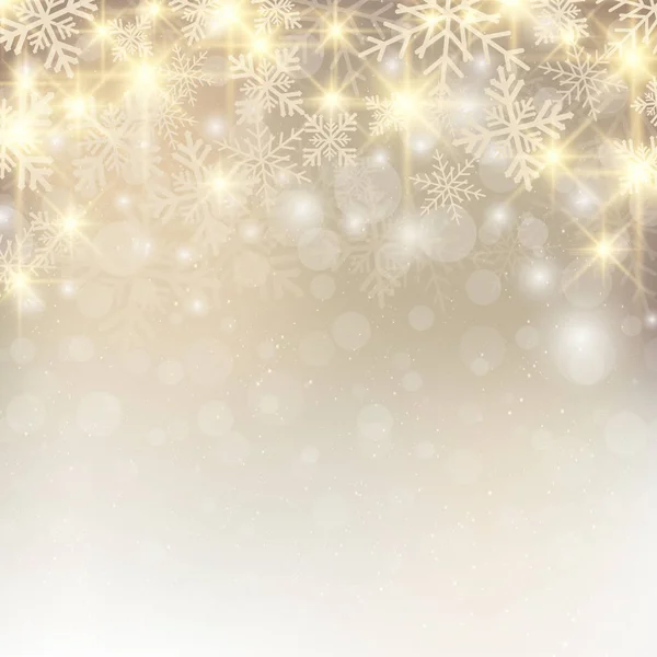 Kerstmis achtergrond met sneeuw en sneeuwvlokken Glitters op gouden ba — Stockvector