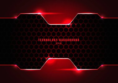 Abstract black and red metallic frame with lighting on hexagons 