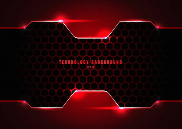 Abstract black and red metallic frame with lighting on hexagons 