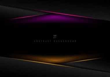 Siyah geometrik üçgen üstüste binen bir katman başlığı ile koyu arkaplan üzerinde pembe, sarı ışıklandırma efekti ve metin için boşluk. Teknoloji fütüristik konsepti. Vektör illüstrasyonu