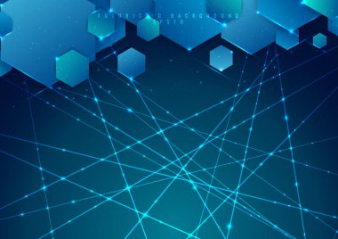 Soyut mavi arka plan geometrik altıgen lazer hattı ve parlak ışık teknolojisi fütüristik dijital konseptiyle örtüşüyor. Vektör illüstrasyonu