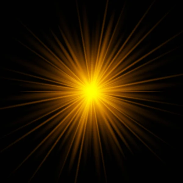 Gele Stralen Stijgen Donkere Achtergrond Gouden Gloeiende Licht Sterren Effect — Stockvector