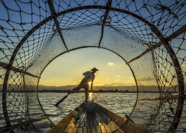 Fisherman Rowing fishing Boat — Stock Photo, Image