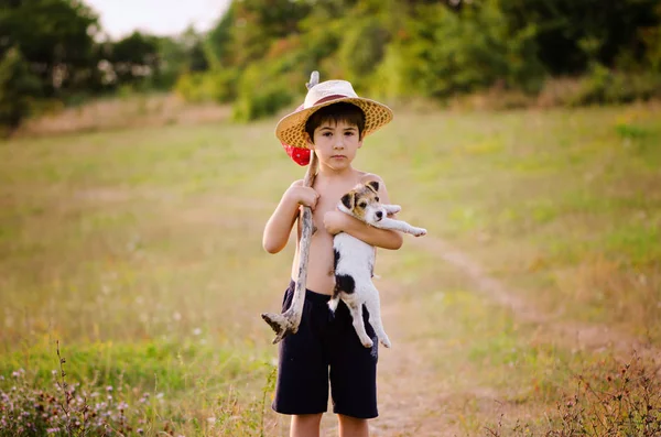 Boy Holding Fox Terrier Pup Countryside — Stock Photo, Image