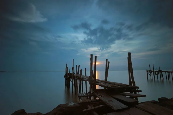 Scenic View Bamboo Dock Sunrise Cirebon Indonesia — Stock Photo, Image