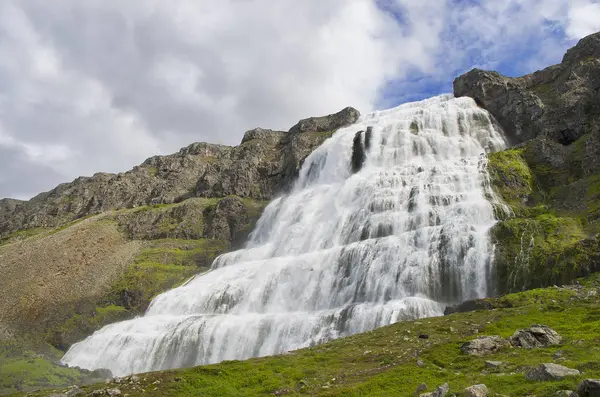 Vista Panorâmica Bela Cachoeira Dynjandi Arnarfjord Westfjords Islândia — Fotografia de Stock