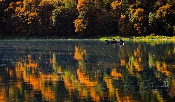 Distant View Two Men Fishing Lake Birstonas Lithuania — Stock Photo, Image