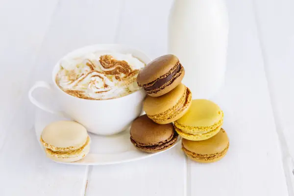 Macaroons Milk Cup Coffee Wooden Background — Stock Photo, Image