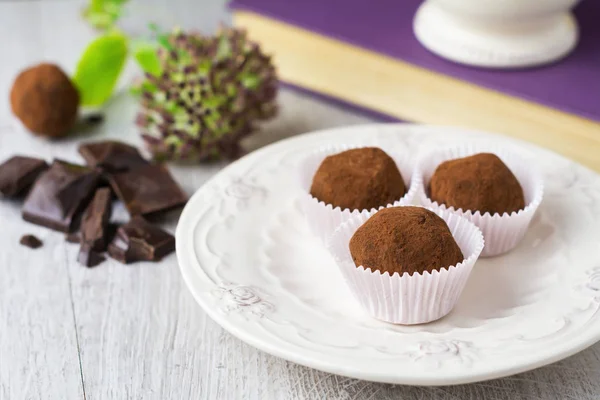 Three Chocolate Truffles White Plate — Stock Photo, Image