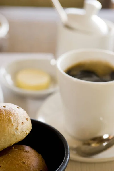 Bread Rolls Butter Black Coffee Table — Stock Photo, Image