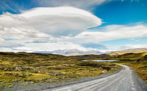 Chile Torres Del Paine National Park Lenticular Cloud Dirt Road — Stock Photo, Image