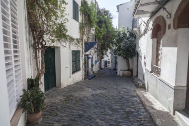 Cadde görünümü, Akdeniz Köyü, Cadaques, Costa Brava, il Girona, İspanya.