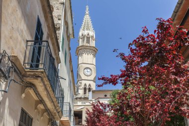 Sea view, Bina, cephe çiçekler ve kilise, tarihi merkezi, Manacor, Mallorca Adası, Balear Adaları kule.