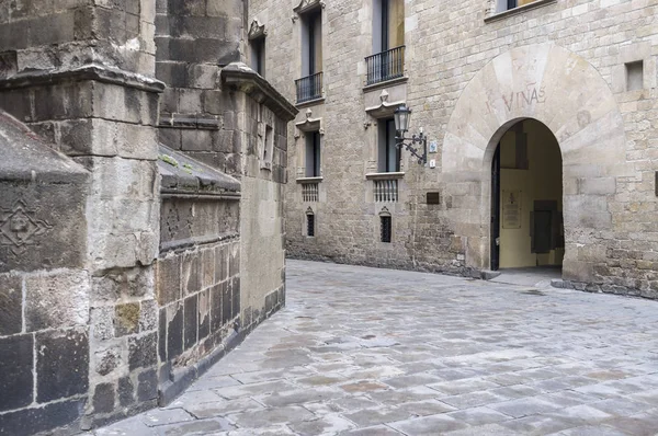 Ancien bâtiment dans le quartier gothique, murs de cathédrale et porte d'entrée au palais, Palau del Lloctinent, Barcelone . — Photo